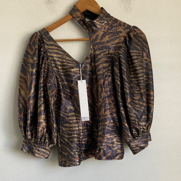 Ganni Women’s Tiger-Print Puff-Sleeve Lurex-Knit Top Size 2 - Picture 2 of 8